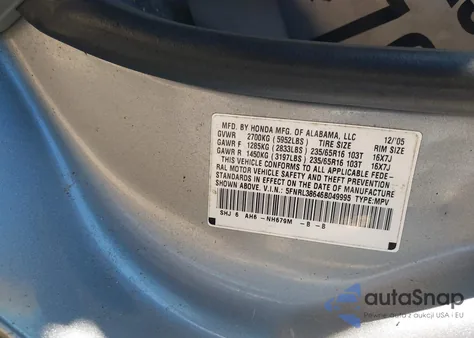 2006 Honda Odyssey Ex-L z USA, uszkodzony, nr VIN 5FNRL38646B049995